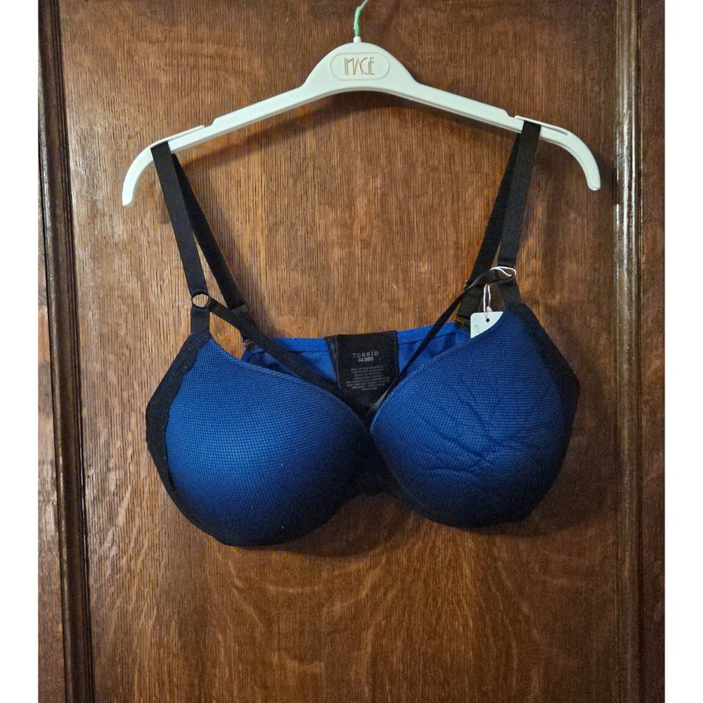 Torrid Blue & Black Razor Push up Front Straps Bra 44 DDD